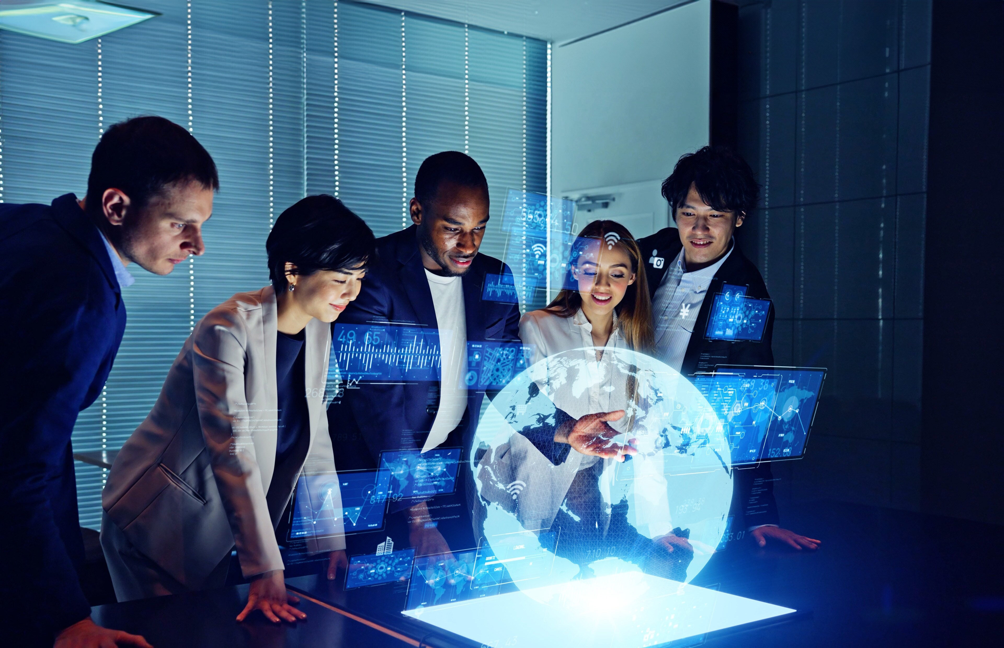 Group of multi racial people watching stereoscopic image. Global business. Science research.