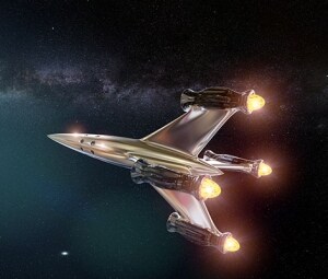 在太空中飞行的火箭飞船。