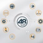 采用衬以青草胎痕标记的 48V 徽标