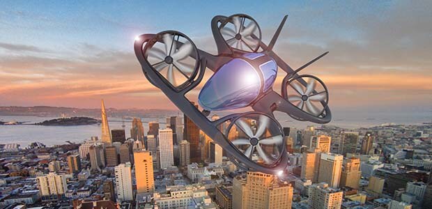 在一个模拟图像中，Evtol（电动垂直起降飞行器）飞越城市。
