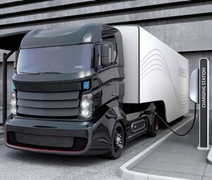 充电站中的电动卡车。