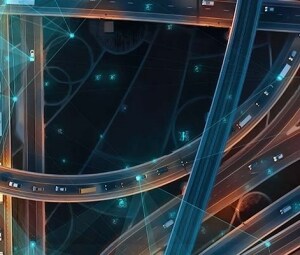 夜间城市高速公路的鸟瞰图，图中显示了自动驾驶汽车的探测范围。