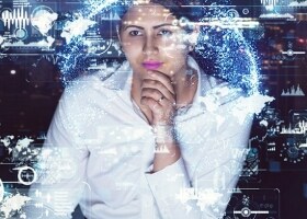 一名男士与显示物联网网络的大电脑屏幕。