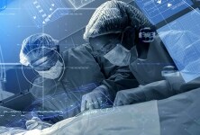 外科医生在先进的手术室内执行微创外科手术。